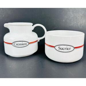 Toscany Collection Bon Appetit Creamer & Sugar Bowl Set Red Band Black Pinstripe